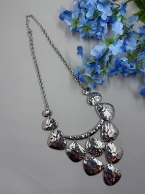 Silver Hammered Teardrop Bib Statement Necklace
